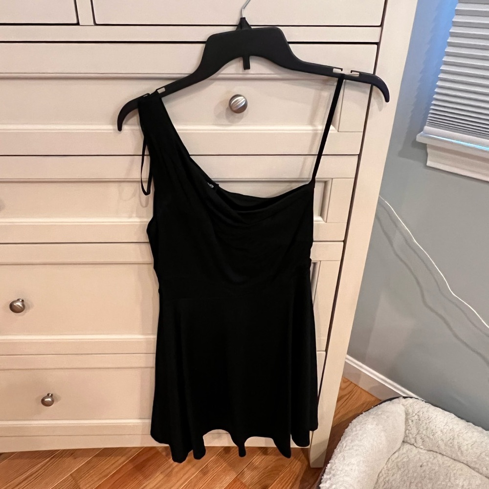 Bebe black cocktail dress, fit and flare, one shoulder, VGUC, medium